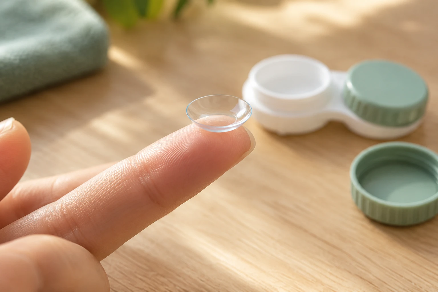 Lentille de contact transparente posée sur le bout d’un doigt, avec son étui à l’arrière-plan