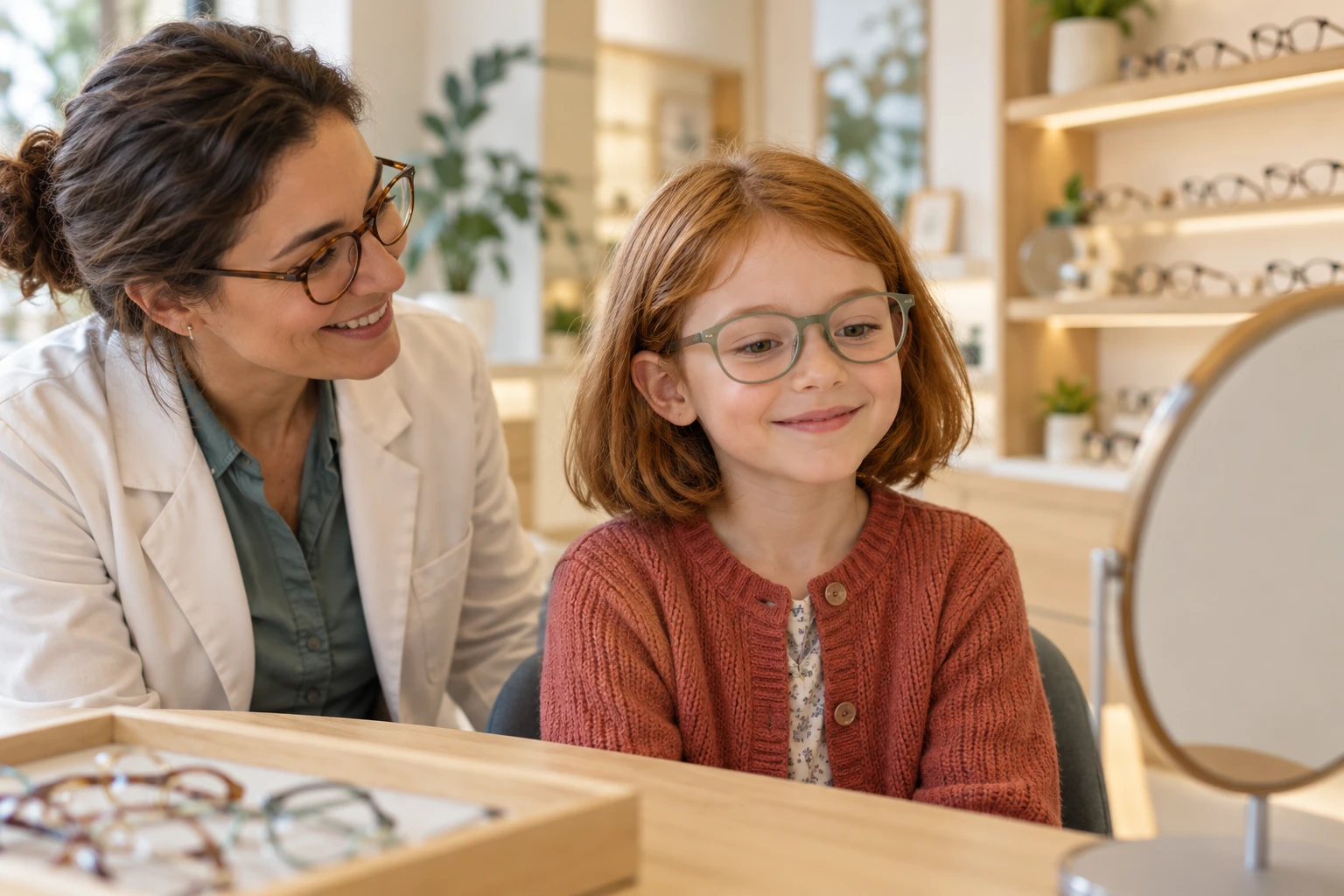 Une petite fille porte des lunettes vertes lors d’un essayage avec une opticienne