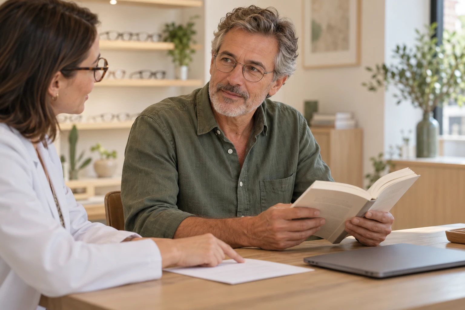 Un homme portant des lunettes échange avec une opticienne, un livre ouvert devant lui