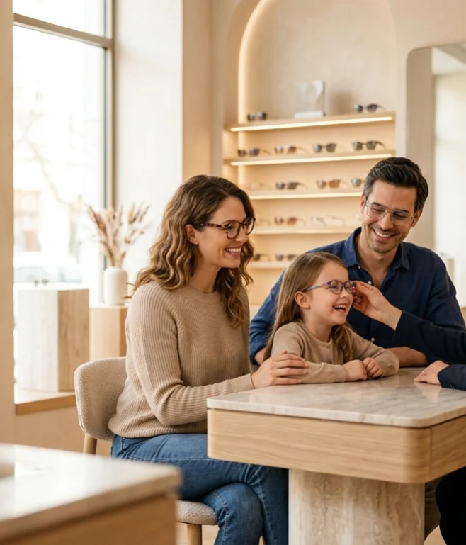 Une famille réunie lors d’un essayage de lunettes