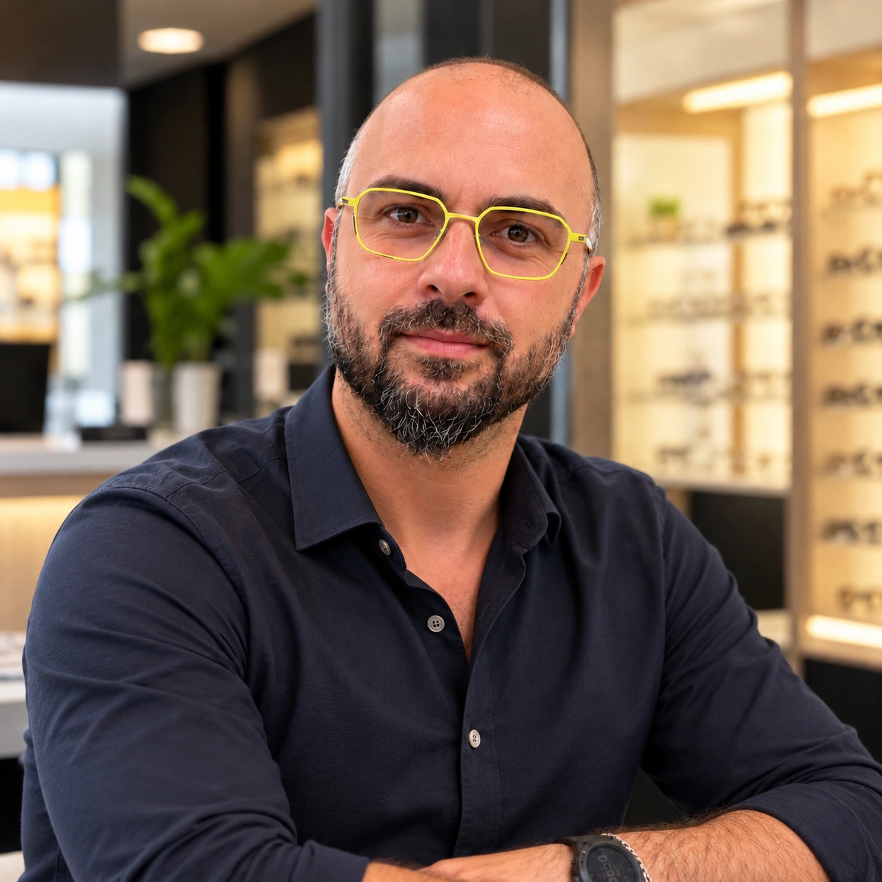 Portrait de Sébastien Desbonnet, opticien-lunetier diplômé, portant ses lunettes jaunes